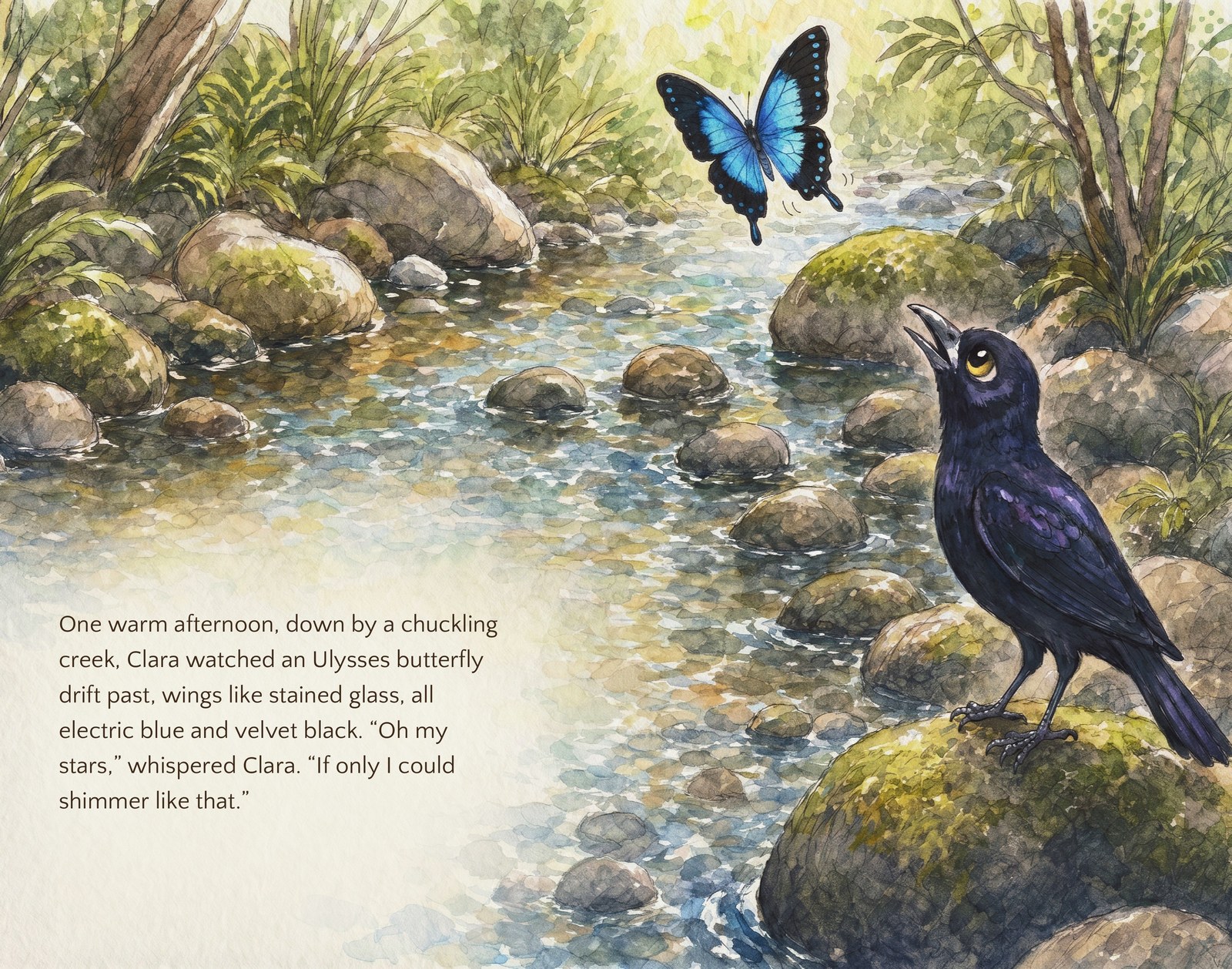 Interior spread from Clara the Carolling Currawong showing Clara among wildflowers